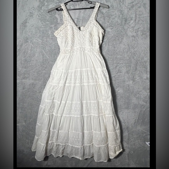 Sacred Threads Dress Womens Large White Boho Embroidered Midi Maxi Smocked - Picture 1 of 16